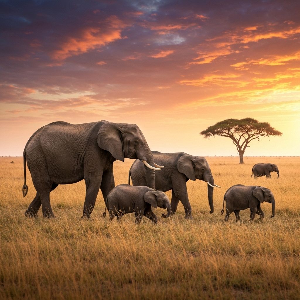 African Safari Experience - elephants and wildlife in Serengeti at golden sunset