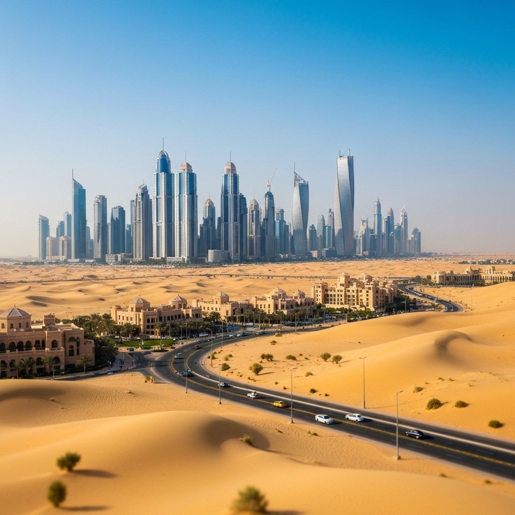Dubai UAE - modern luxury skyline with iconic Burj Khalifa and Arabian desert landscape